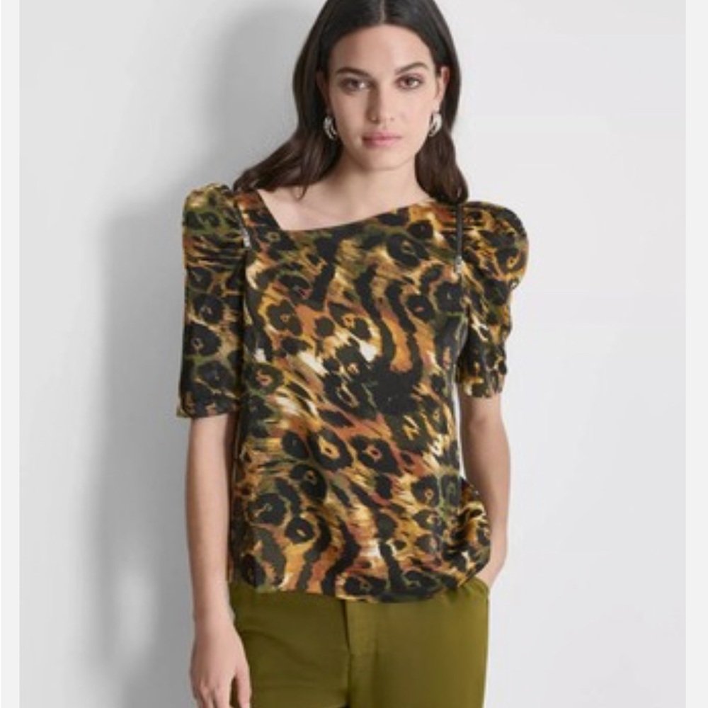 DKNY Animal Print Puff Sleeve Blouse